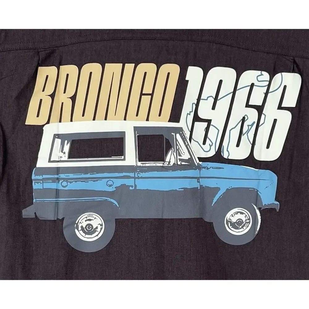 Men’s Ford Bronco 1966 Graphic Button Shirt S Back Print Retro Short Sleeve